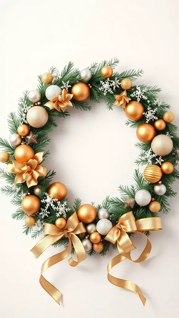 A festive wreath adorned with gold and silver ornaments, featuring lush greenery and elegant bows.