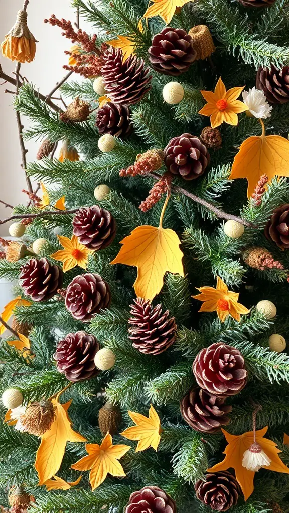 A nature-inspired Thanksgiving tree decorated with pine cones, yellow leaves, and floral accents.