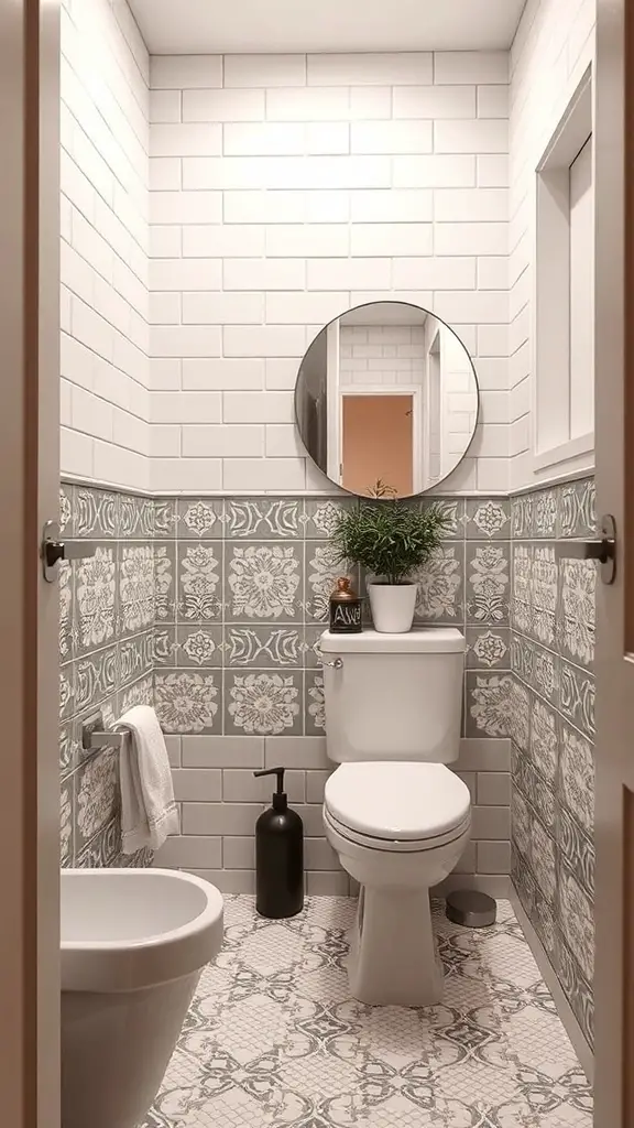 29+ Stunning Tiny Bathroom Layouts for Small Spaces 11 A small bathroom with patterned tiles on the lower half and white subway tiles on the upper half, featuring a round mirror and a small plant.