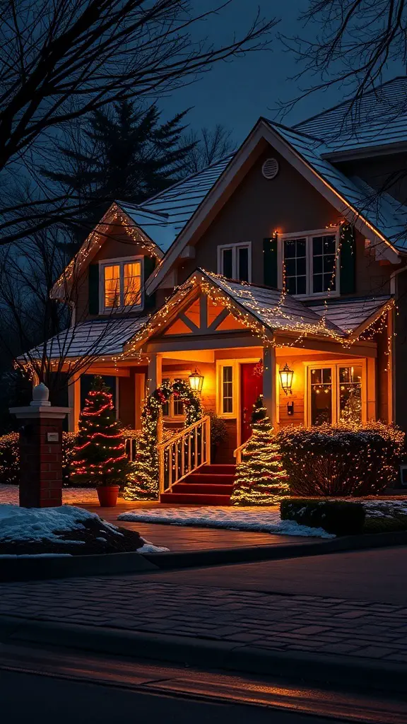A beautifully decorated house with warm outdoor lighting and Christmas trees in the snow.