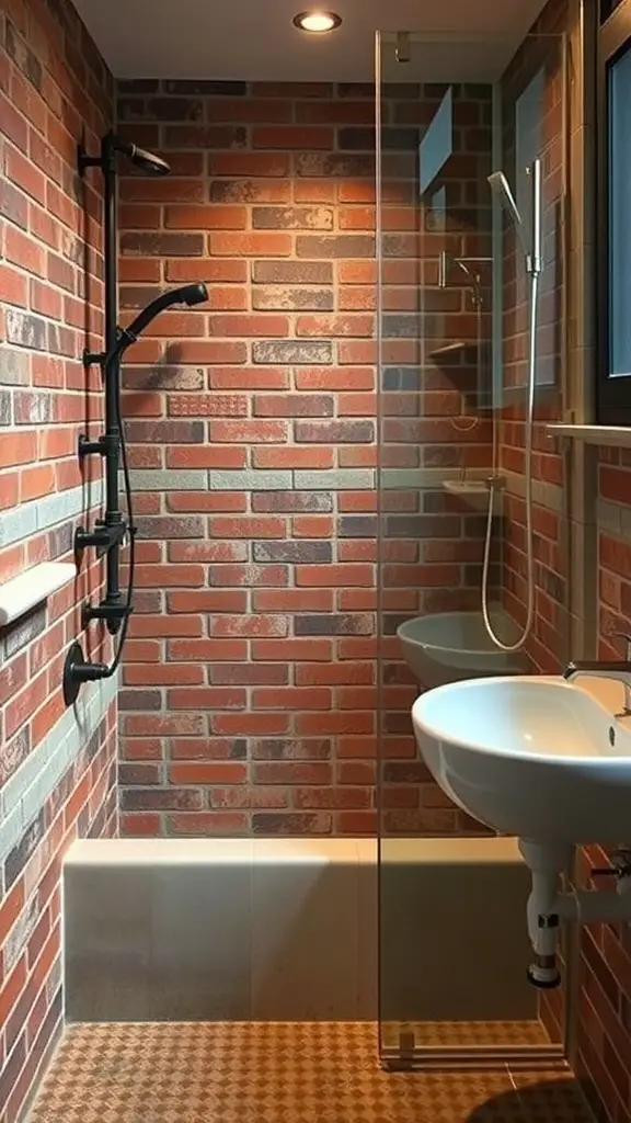 27+ Stunning Shower Tile Ideas to Transform Your Bathroom 11 Shower area featuring rustic brick tiles with modern fixtures and glass enclosure.