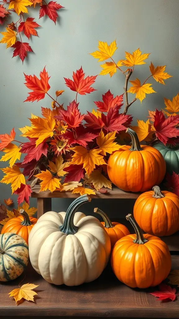 A still life arrangement featuring pumpkins and autumn leaves.
