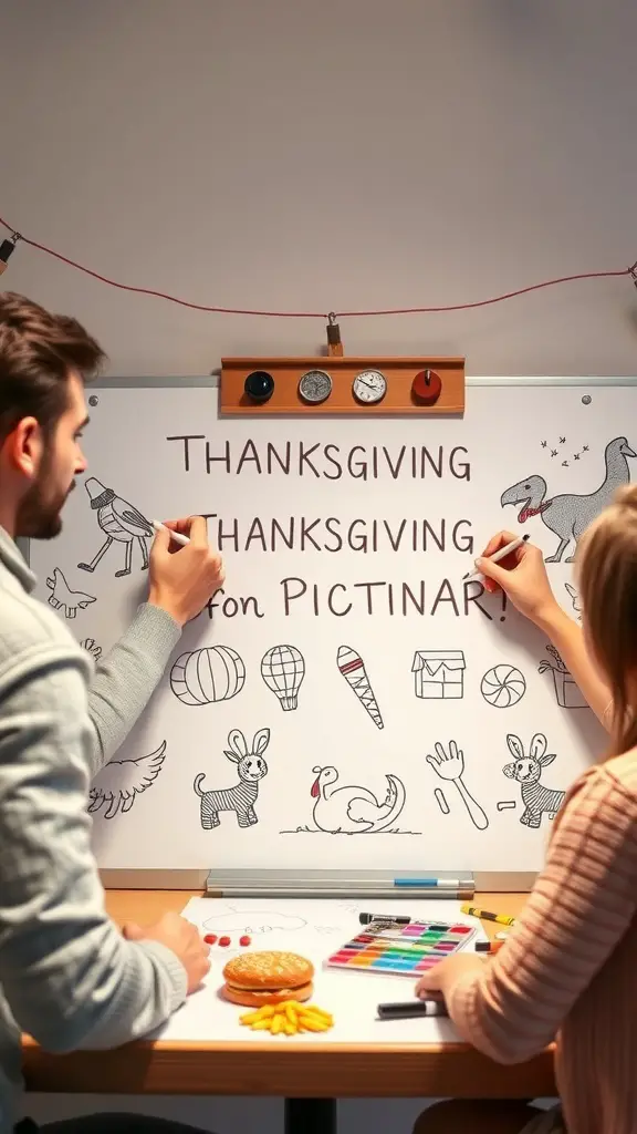 Two people drawing on a whiteboard for Thanksgiving Pictionary game.