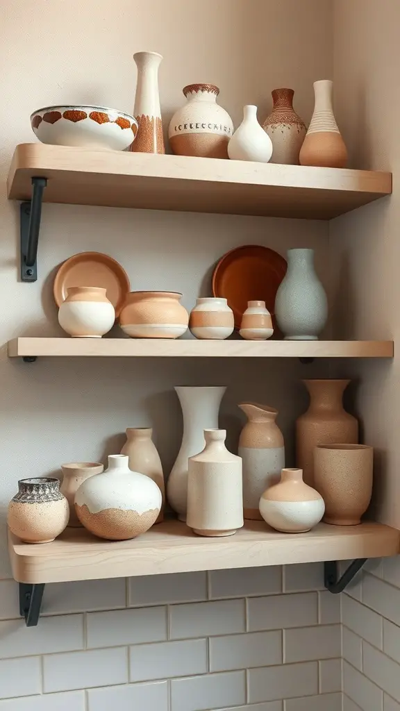 29+ Inspiring Boho Bathroom Shelf Decor Ideas to Transform Your Space 9 A collection of ceramic pottery displayed on wooden shelves in a bathroom.