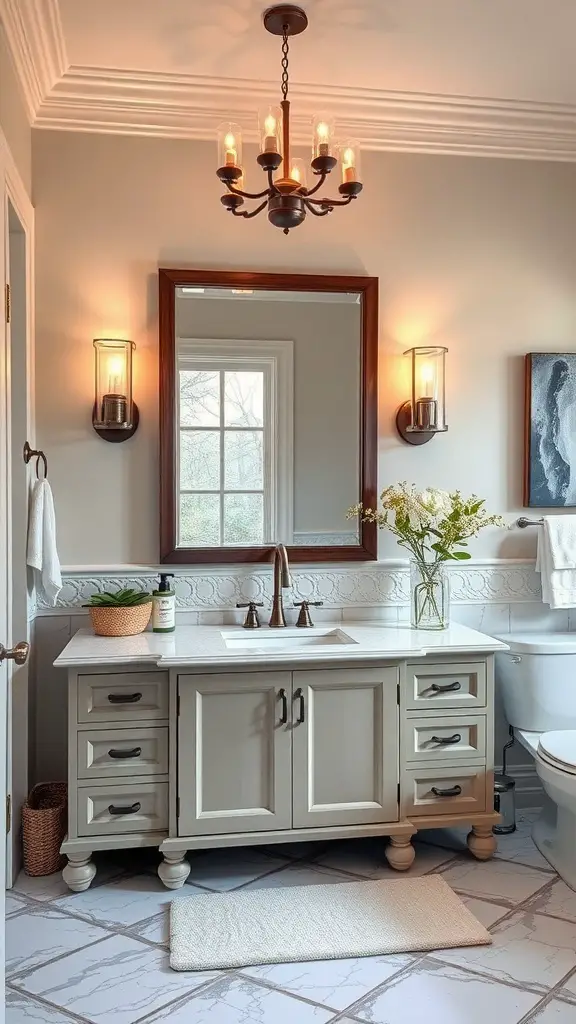 29+ Stunning Bathroom Vanity Ideas You’ll Love 10 A transitional bathroom featuring a light gray vanity, warm wood accents, and natural elements.