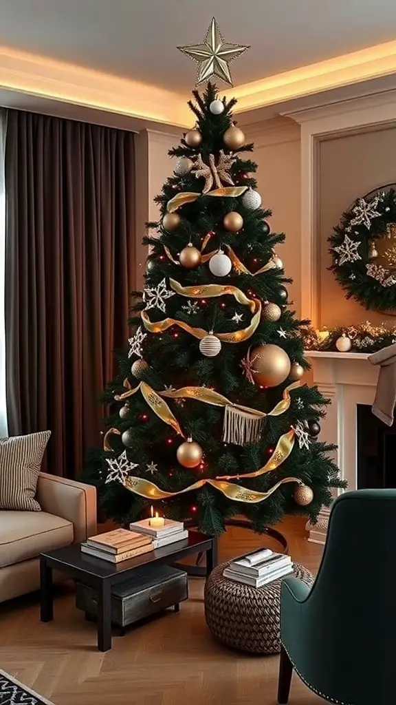 27+ Stunning Black Christmas Tree Ideas to Elevate Your Holiday Decor 13 A black Christmas tree decorated with gold ornaments and ribbons, topped with a star, in a cozy living room setting.