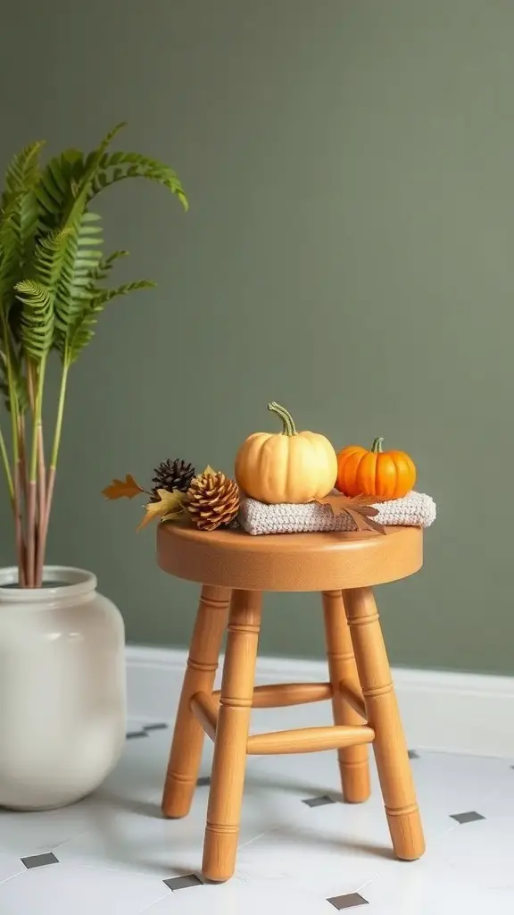 27+ Chic Bathroom Stool Styling Ideas to Elevate Your Space 13 A wooden bathroom stool styled with pumpkins, pinecones, and a cozy blanket, set against a green wall.