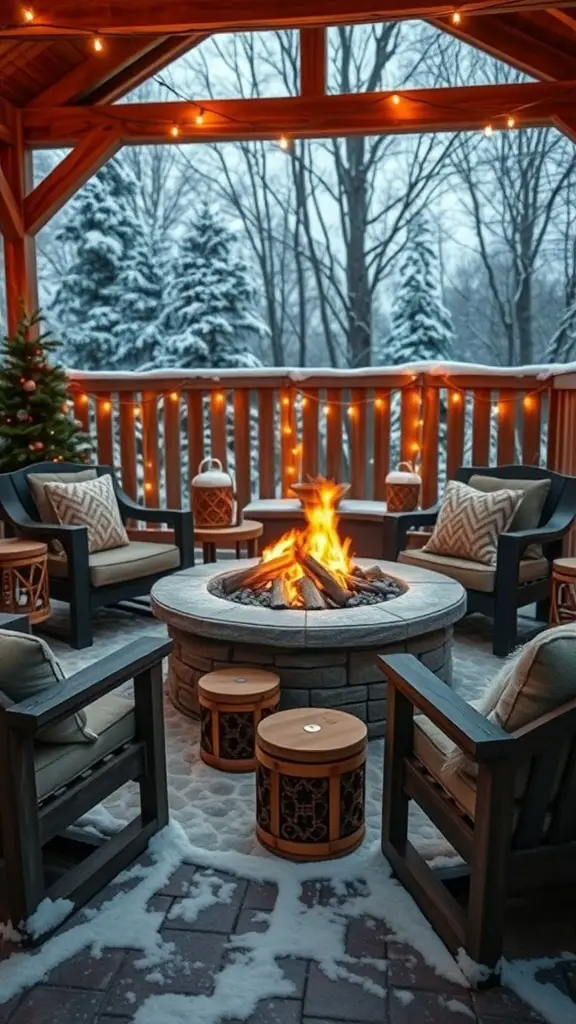 Cozy outdoor fire pit setup with chairs, string lights, and snow