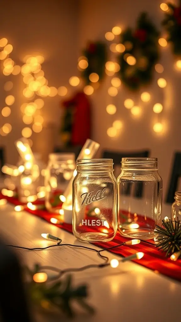 A cozy display of glass jars filled with lights on a table, surrounded by festive decorations.