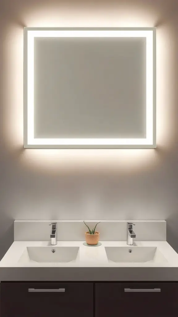 25+ Stunning Double Vanity Lighting Ideas for Your Bathroom 5 A modern double vanity with a backlit mirror and a small potted plant.