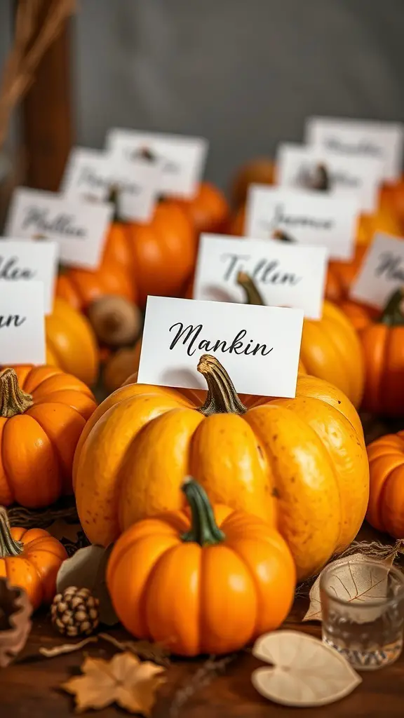 A collection of small pumpkins with name cards for Thanksgiving table decorations.