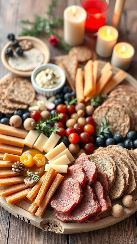 A beautifully arranged Christmas charcuterie board with various cheeses, meats, fruits, and decorative elements.