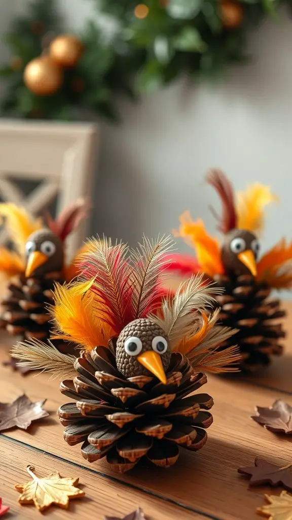 25+ Fun Thanksgiving Crafts for Toddlers to Create Together 4 Colorful pinecone turkey decorations with feathers and googly eyes on a wooden table.