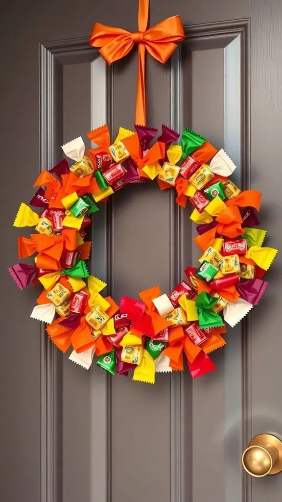 A colorful wreath made of candy wrappers, featuring orange, yellow, green, and purple wrappers, with a bow at the top.