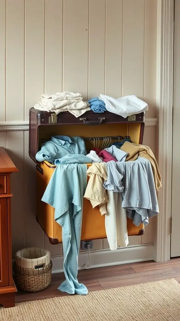 25+ Creative Wall Mounted Laundry Hamper Ideas for Space-Saving Solutions 9 A vintage suitcase mounted on a wall, overflowing with colorful clothes, next to a small woven basket.