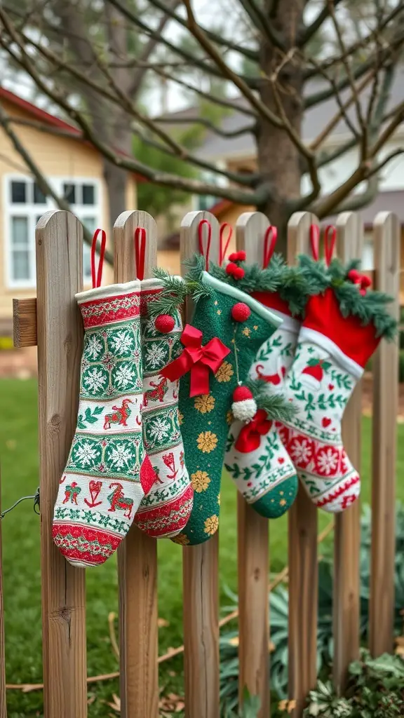 Colorful Christmas stockings hanging on a wooden fence