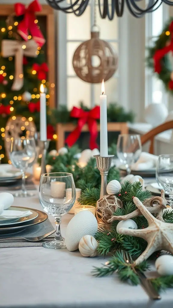 A beautifully set Christmas table with nautical decorations, featuring a green garland, seashells, candles, and elegant glassware.