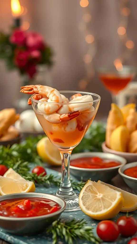 31+ Delightful Christmas Eve Food Ideas for a Festive Celebration 9 A classic shrimp cocktail served in a glass with cocktail sauce and lemon wedges.