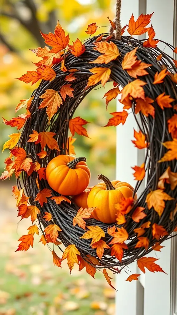 An autumn-themed grapevine wreath decorated with orange leaves and small pumpkins.
