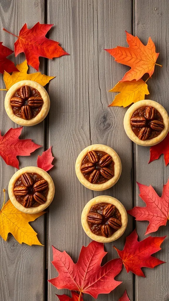 25+ Delicious Thanksgiving Desserts Perfect for a Crowd 9 Pecan pie tartlets surrounded by colorful autumn leaves on a wooden surface.