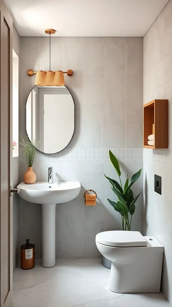 29+ Stunning Powder Room Ideas to Elevate Your Space 14 A modern powder room featuring sustainable design elements, including a round mirror, plants, and eco-friendly fixtures.