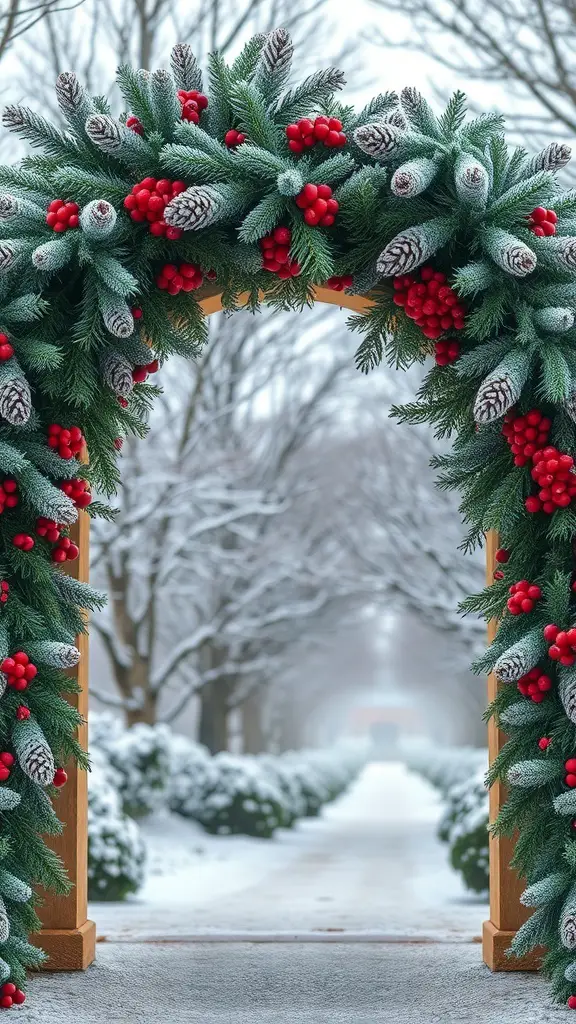 An indoor Christmas archway decorated with frosted pine cones and red berries.
