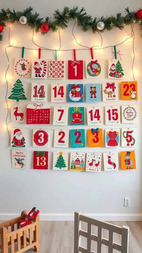 27+ Stunning Christmas Wall Art Ideas for a Festive Home 14 A colorful advent calendar with festive designs and numbers, decorated with lights and greenery.