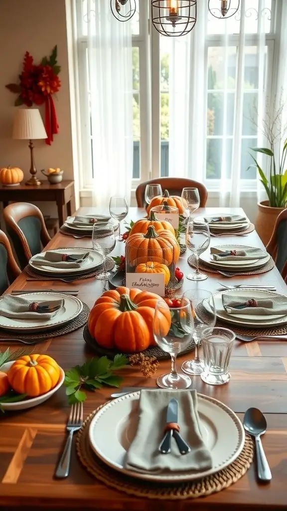 A beautifully arranged Friendsgiving table with personalized place settings, pumpkins, and natural decor.