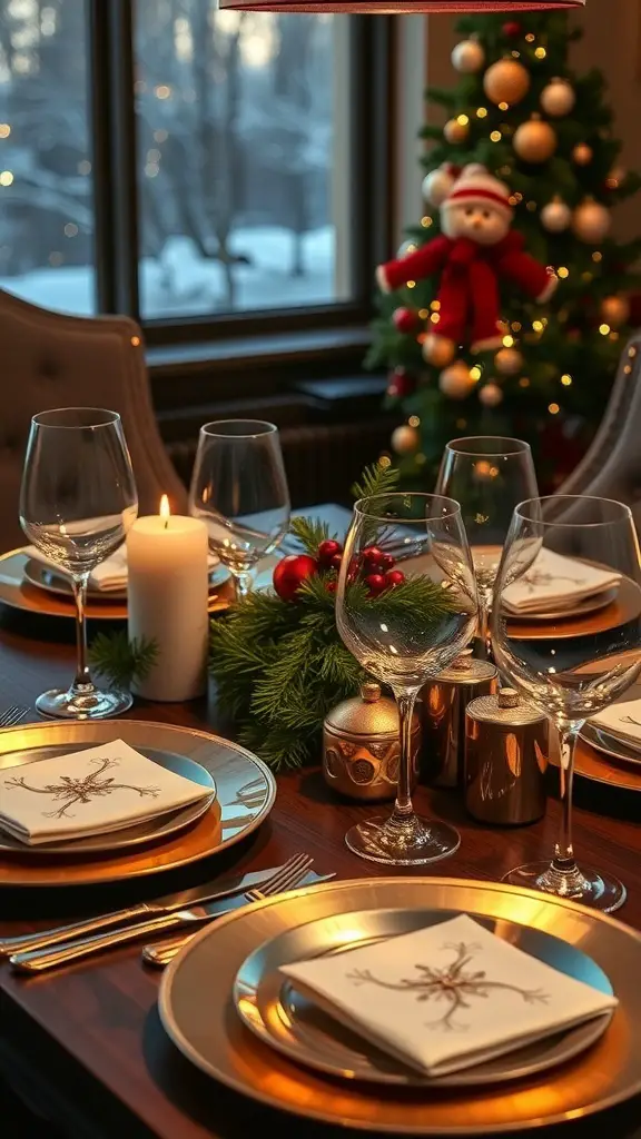 Chic metallic table setting with gold plates, elegant glassware, and a festive centerpiece, alongside a Christmas tree.