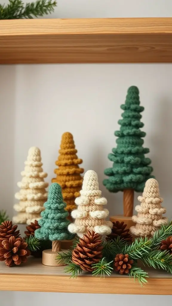 29+ Stunning Crochet Christmas Tree Ideas to Brighten Your Holiday Decor 11 Crochet pine trees in various colors displayed on a wooden shelf with pinecones and greenery.