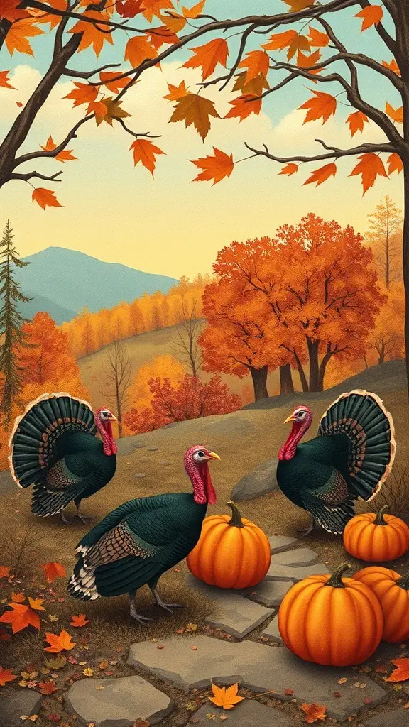 A vintage Thanksgiving postcard featuring turkeys and pumpkins in a colorful autumn setting.