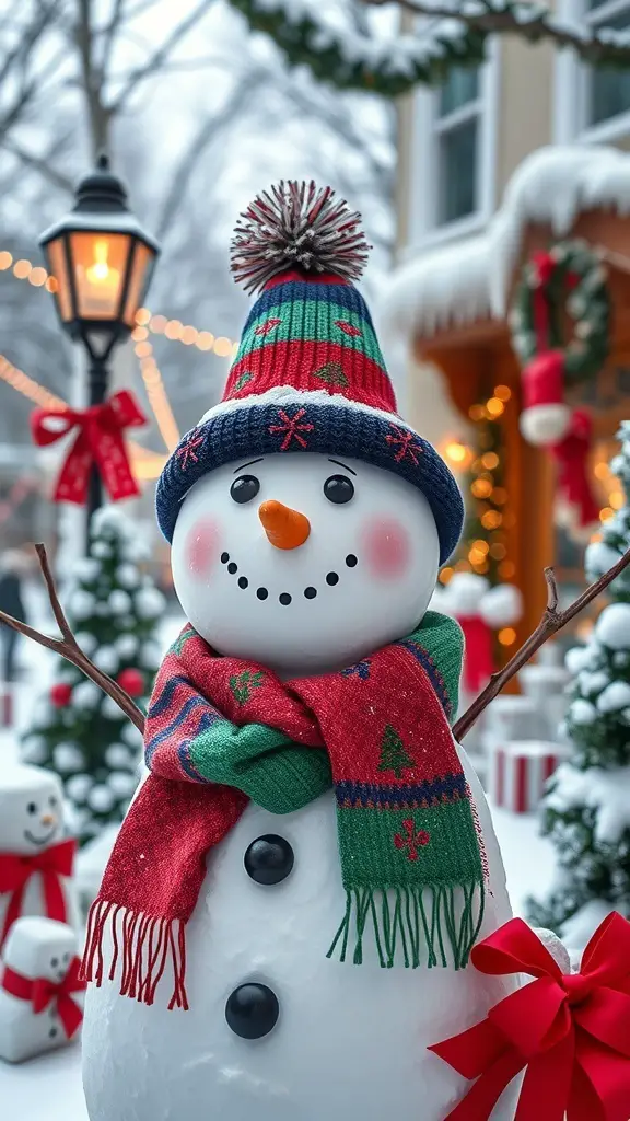 A cheerful snowman wearing a colorful hat and scarf, surrounded by festive decorations in a snowy outdoor setting.