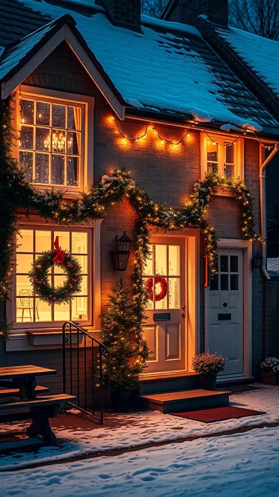 A cozy cottage decorated with warm fairy lights and holiday wreaths, surrounded by snow.
