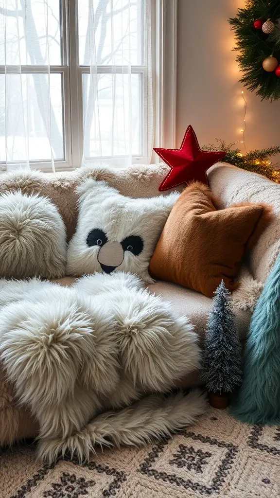 Cozy couch with faux fur throws and pillows, decorated for Christmas
