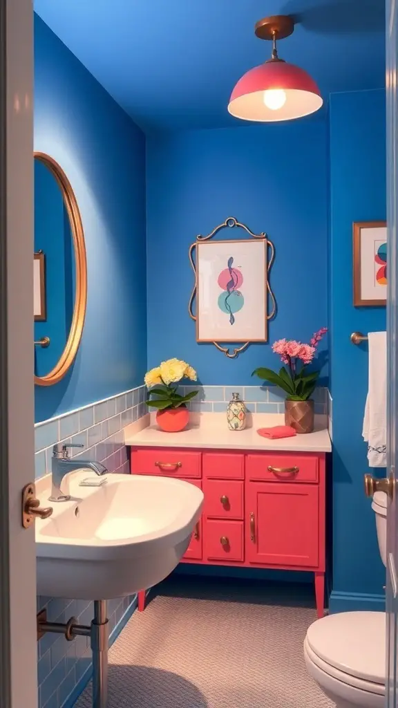 29+ Stunning Guest Bathroom Ideas to Elevate Your Space 3 A vibrant guest bathroom featuring blue walls, a pink vanity, and colorful artwork.