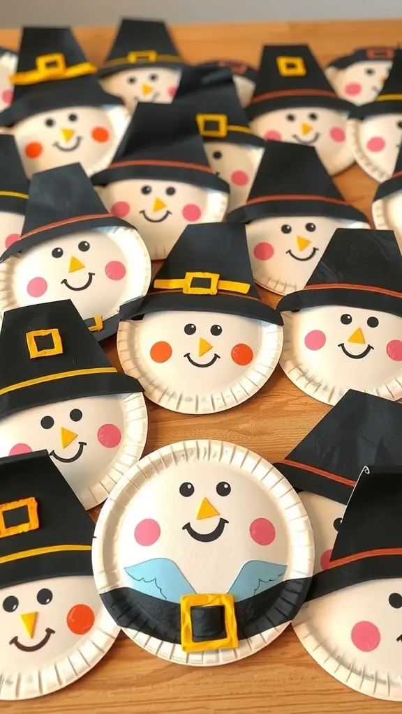 25+ Fun Thanksgiving Crafts for Toddlers to Create Together 7 Colorful paper plate pilgrim hats with happy faces, perfect for Thanksgiving crafts.
