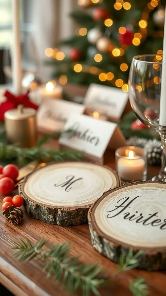 Creative wooden slice place cards with names for a holiday dining table setting