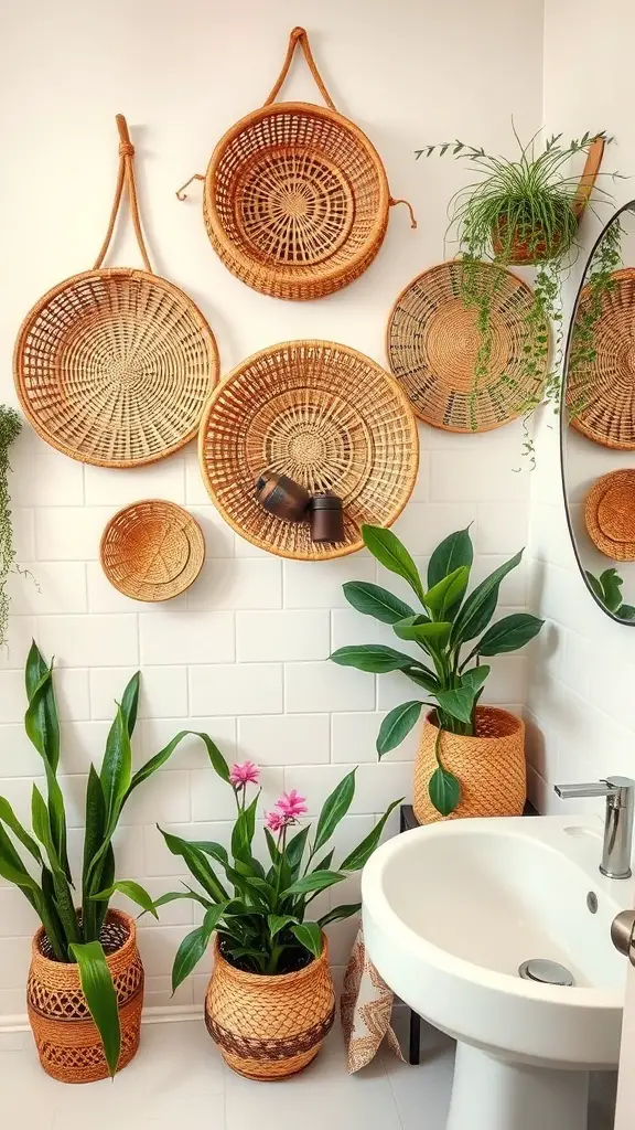 25+ Stylish Bathroom Wall Basket Ideas for Every Space 14 A bathroom featuring decorative rattan baskets on the wall and potted plants on the floor.