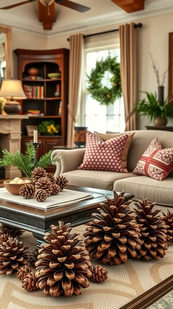 A cozy living room decorated with natural pinecone accents on a coffee table, surrounded by festive decor.