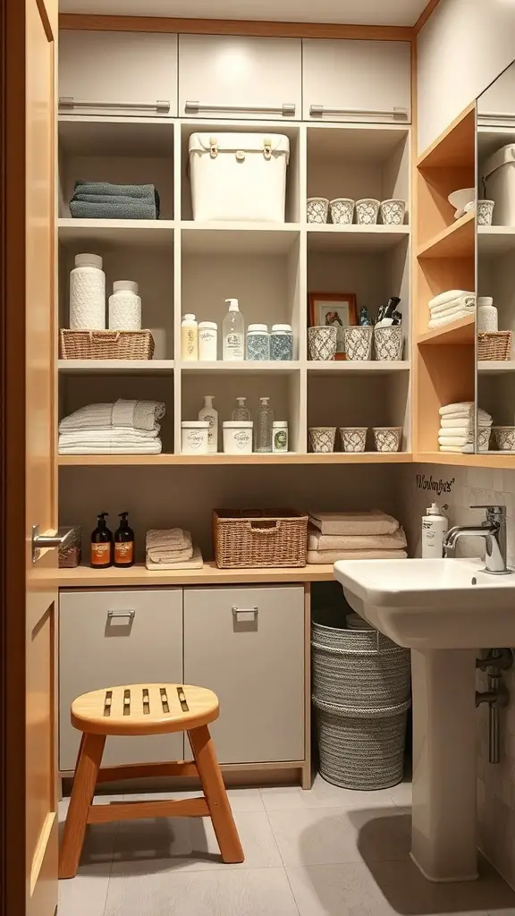 25+ Bathroom Closet Organization Ideas You’ll Love 13 A well-organized bathroom closet featuring a step stool for easy access to high shelves.