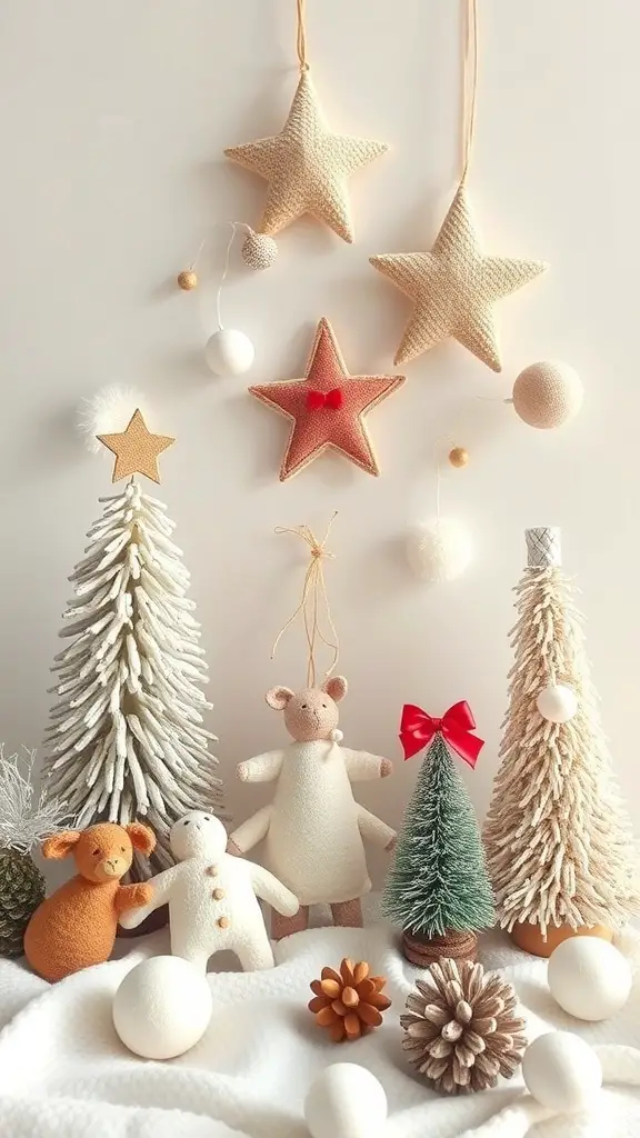 29+ Fun Christmas Activities for Babies to Celebrate the Holiday Season 15 A collection of baby-safe Christmas decorations including soft stars, mini trees, and plush animals.
