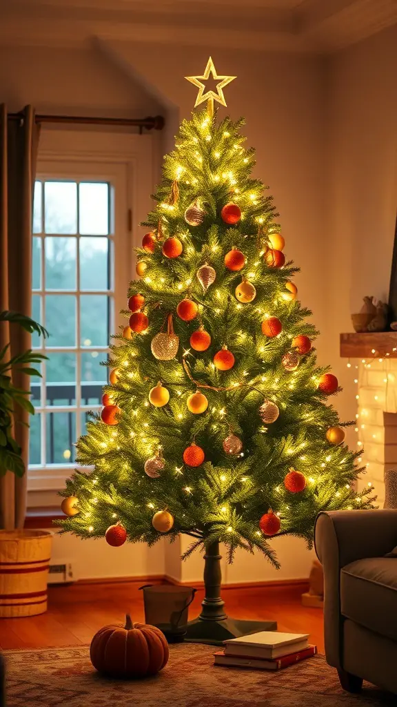 A beautifully lit Thanksgiving tree decorated with ornaments and a star on top, creating a warm and inviting atmosphere.