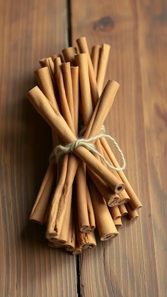 A bundle of cinnamon sticks tied with twine on a wooden surface.