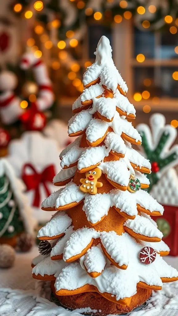 A beautifully decorated gingerbread tree with icing snow and colorful candy ornaments.
