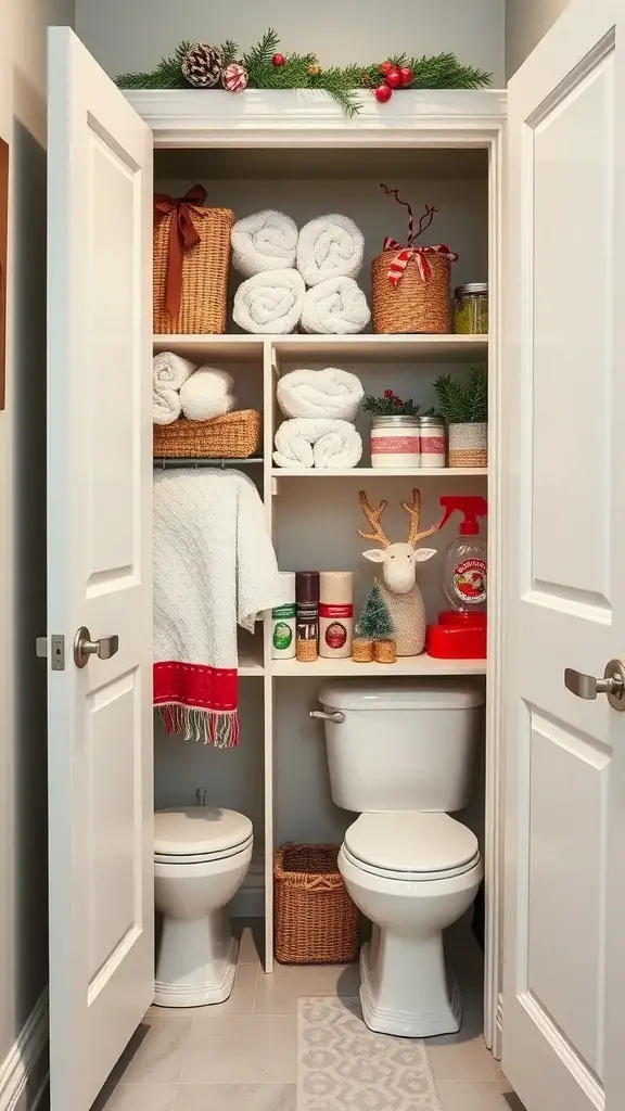 25+ Bathroom Closet Organization Ideas You’ll Love 12 Organized bathroom closet with towels, baskets, and seasonal decor.