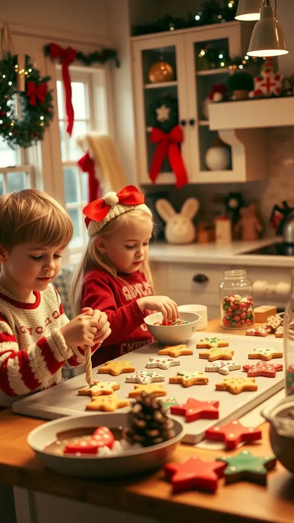 27+ Fun Christmas Activities for Kids to Enjoy This Holiday Season 8 Children baking and decorating Christmas cookies in a festive kitchen