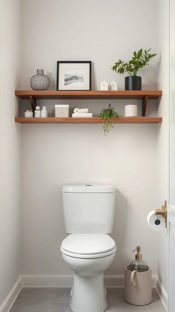 27+ Stylish Over the Toilet Storage Ideas to Maximize Your Space 6 Floating wooden shelves above a toilet with bathroom essentials and decor.