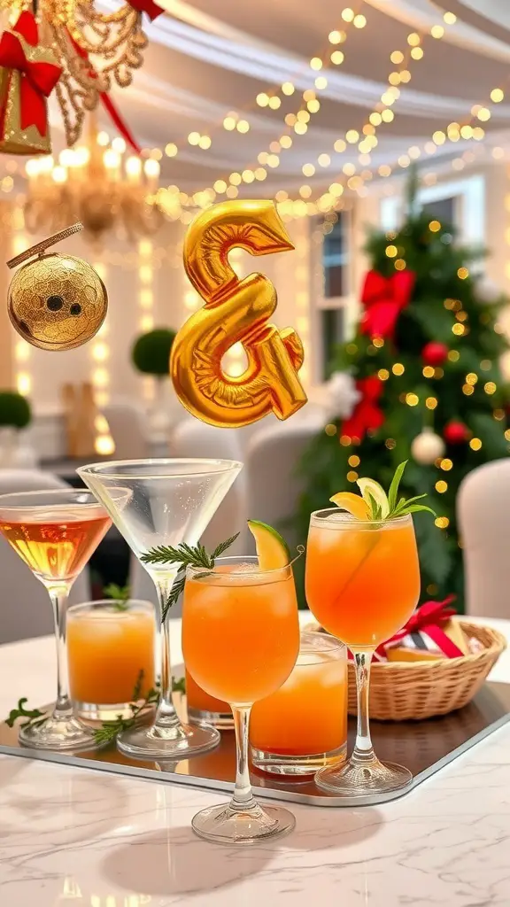 27+ Creative Christmas Party Ideas for Adults 6 A festive display of colorful cocktails on a table, with Christmas decorations in the background.
