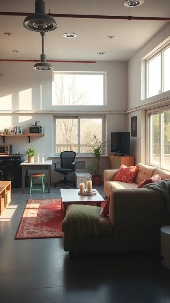 27+ Inspiring Small Garage Apartment Ideas for Cozy Living 9 Interior of a small garage apartment with large windows allowing natural light, cozy furnishings, and a warm atmosphere.