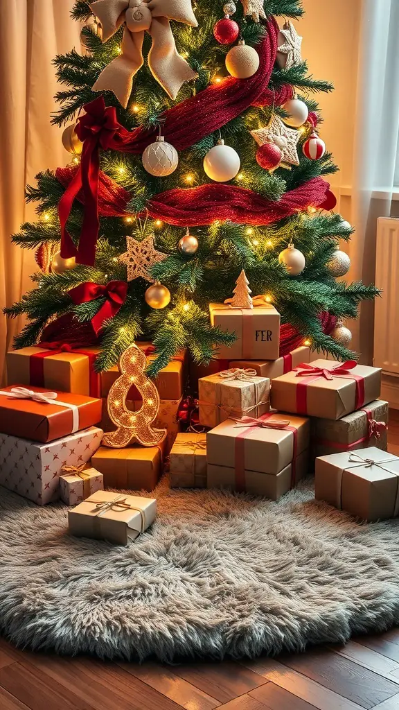 A beautifully decorated Christmas tree with a faux fur tree skirt and wrapped gifts underneath.